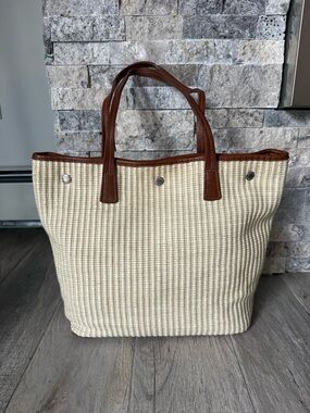 Furla Classic Cream Woven Tote with Brown Trim